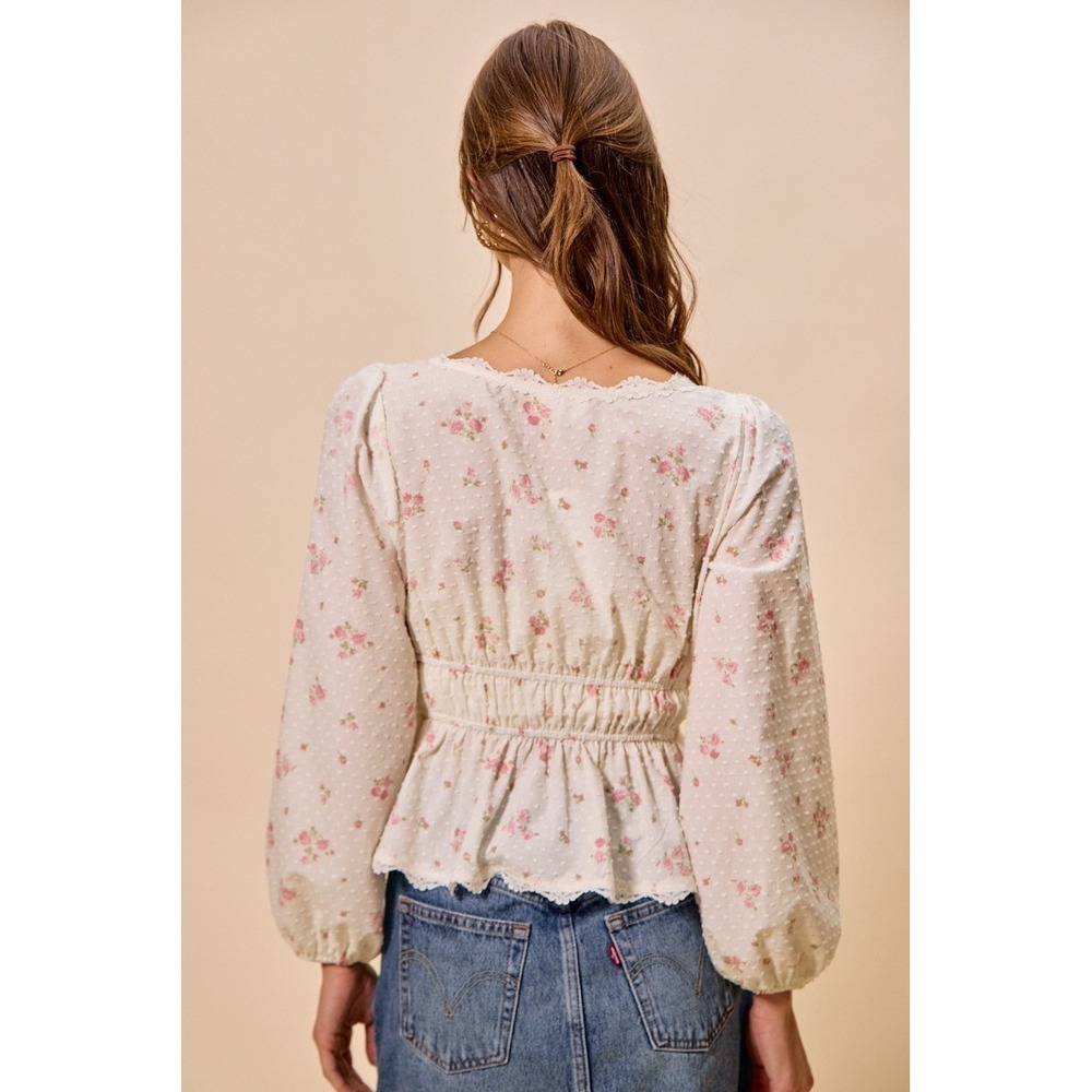 SO ME Floral Clip Dot Lace Trim Ruched Bodice Blouse - White - Medium - Picture 3 of 16